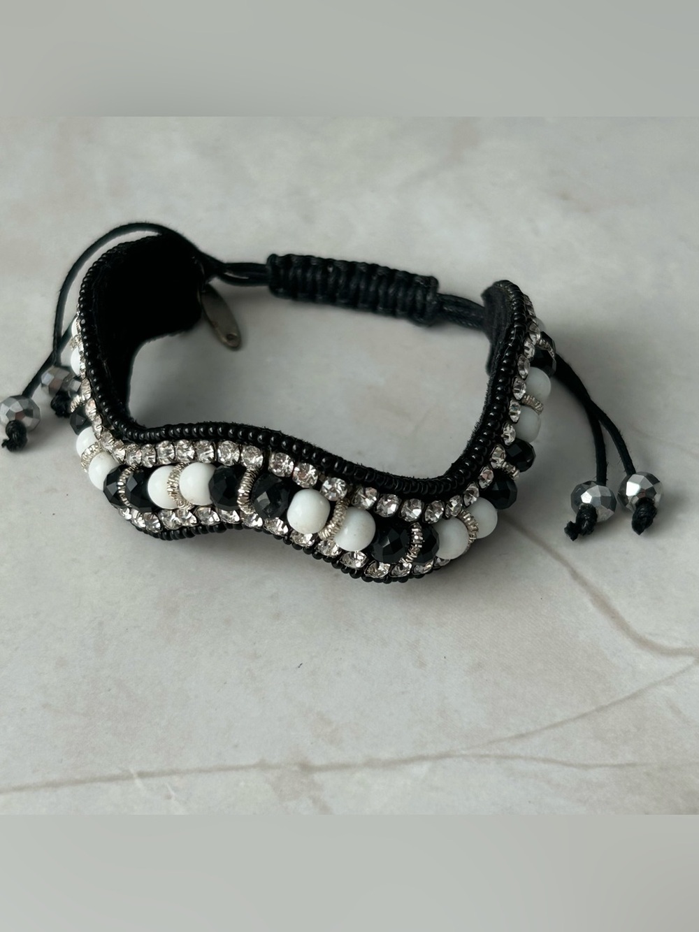 Beaded Black and White Macramé Bracelet with Crystal Accents